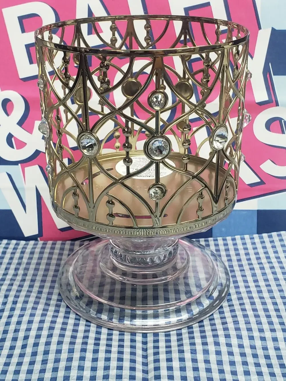 BBW Gold Tone Finish with Gems & Glass Pedestal Large 3 Wick Candle Holder
